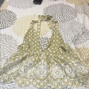 Free People Polka Dot Lace Trim Tank Top - Olive and White